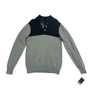 INC Mens Colorblock 1/4-Snap Mock Neck Sweater Black Gray XS
